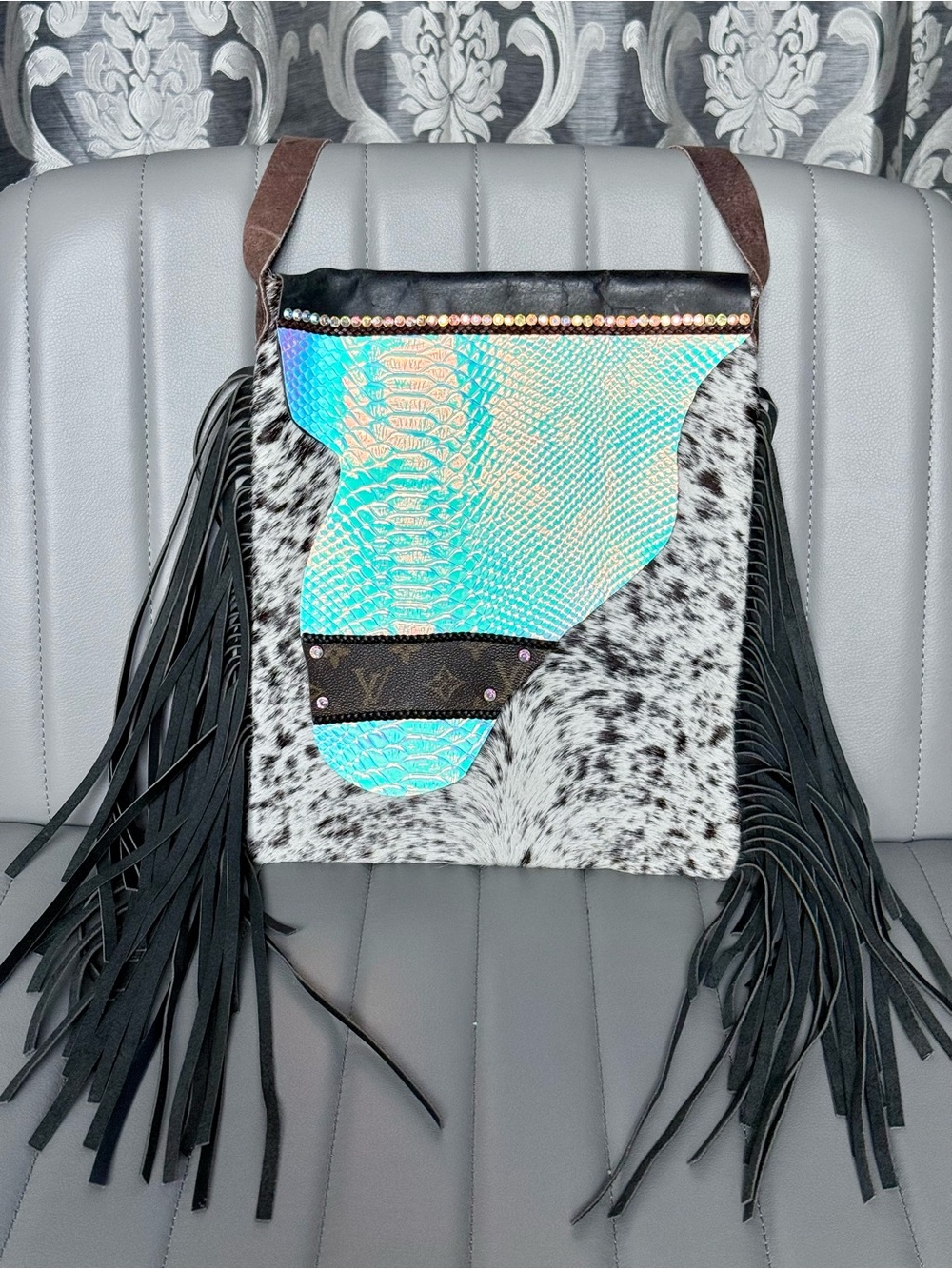 Upcycled Cowhide Iridescent Fringe Bag w/ Louis Vuitton Detail Mermaid Tail